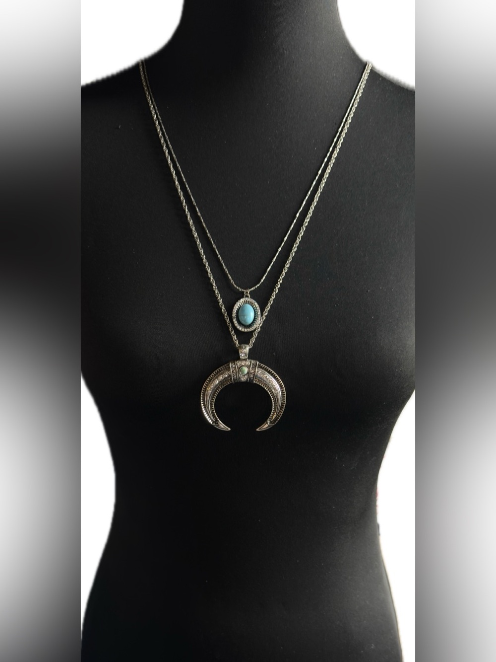 16”adjustable Silver-Tone Crescent Pendant Necklace with Turquoise Stone